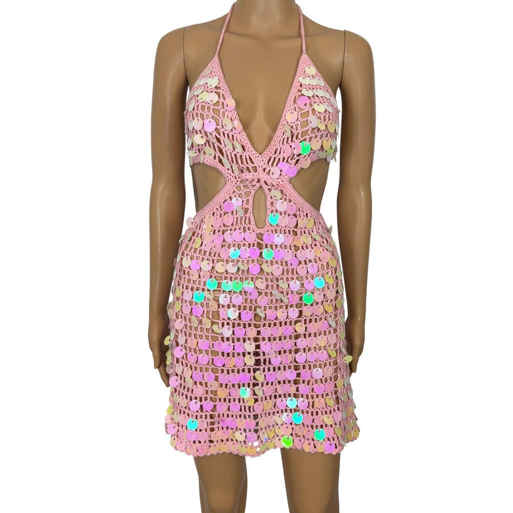 Pink Sequin Crochet Mini Dress Festival Cut Out Mermaid Beach Summer Womens 6